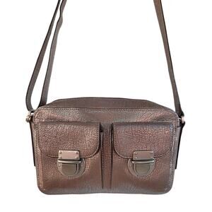 Fossil Riley Metallic Crossbody Bag Silver Foil Leather Camera Style Chic